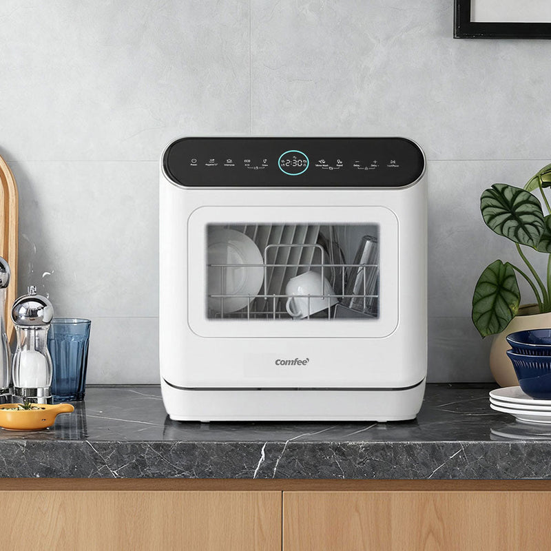 White Countertop Dishwasher with a Visible Door